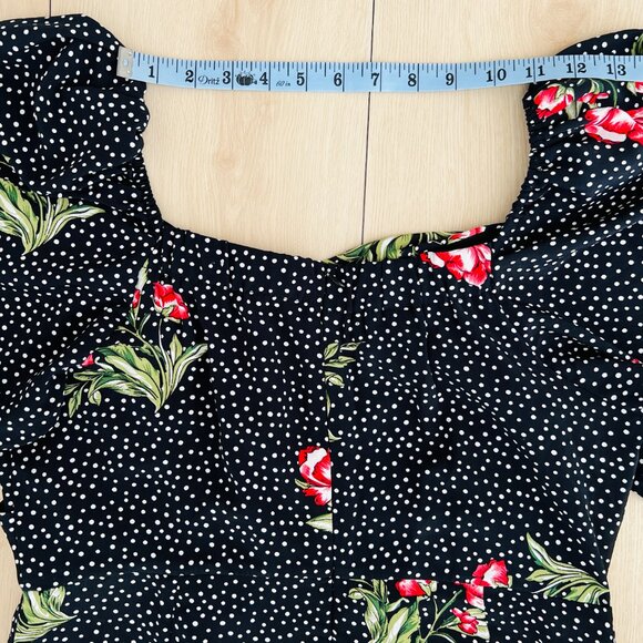 Suzanne Betro Black Floral Polka Dot Puff Sleeve Wrap Dress XL / 1950s Homemaker - Picture 15 of 16